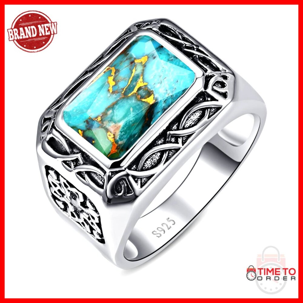 Men's Sterling Silver Celtic Pattern Ring Size 11 With Teal Turquoise Stone